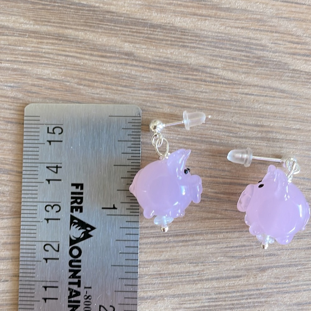 HAND CRAFTED PINK PIGLET EARRINGS Glass Pink Sterling Silver Posts Whimsical - Picture 5 of 12